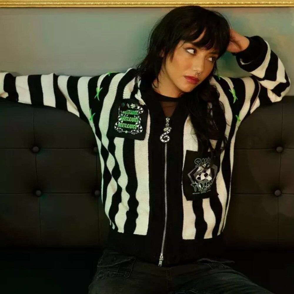 Hot Topic Black and White Striped Zip-Up Hoodie with Green Accents